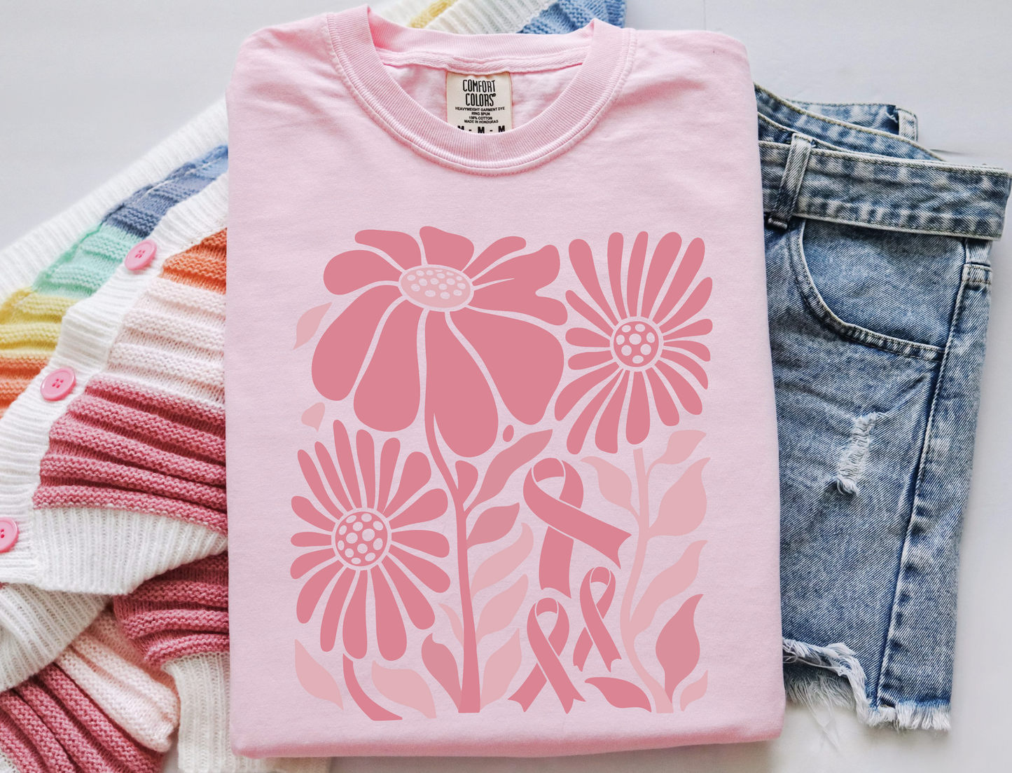 Breast Cancer Floral Ribbon T-shirt
