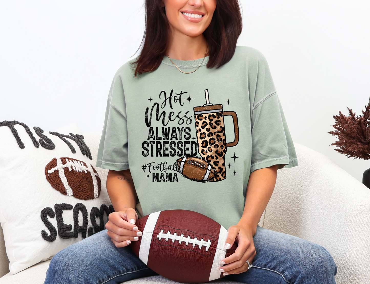 Hot Mess Always Blessed Football Mama T-shirt