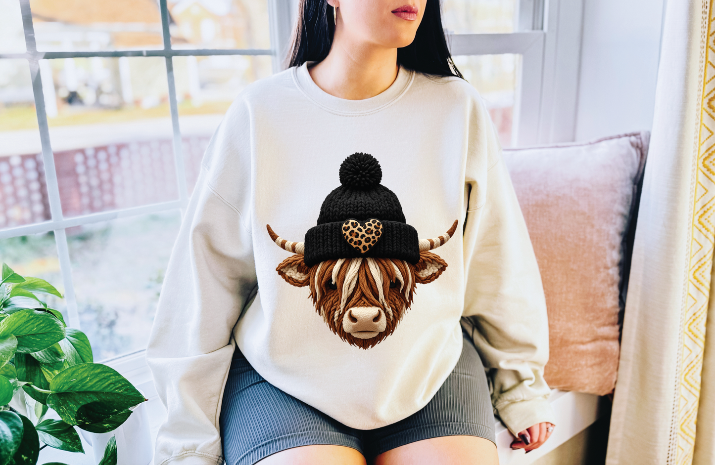 FAUX Yarn Beanie Cow Sweatshirt