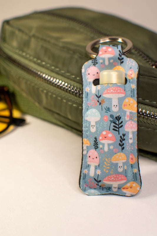 Teal Kawaii Mushrooms Lip Balm Keychain