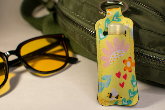 Yellow Bees and Flowers Lip Balm Keychain