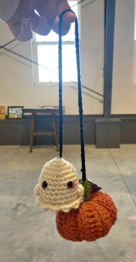 Crocheted Ghost and Pumpkin Car Charm