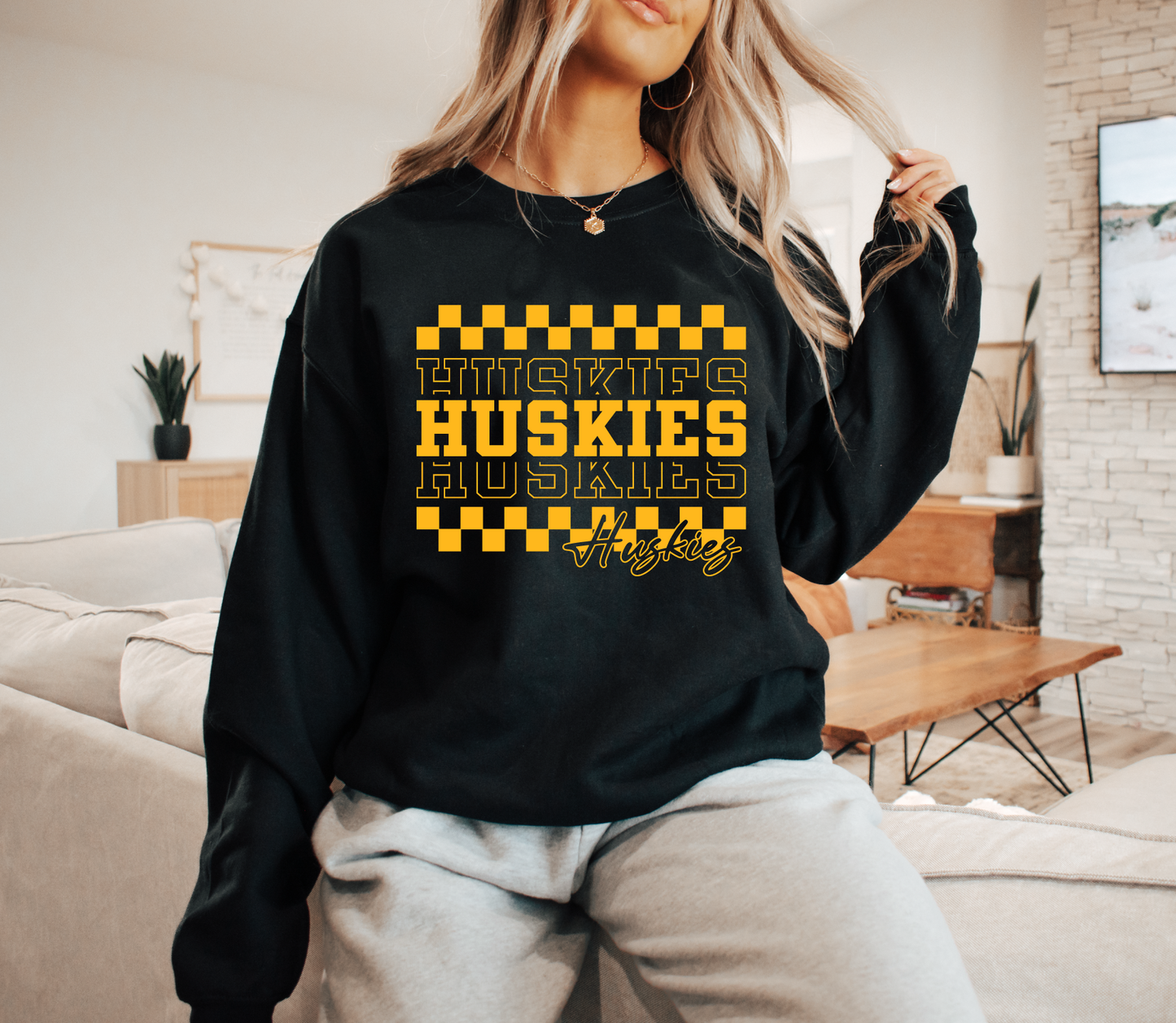 Checkered Stack Huskies Sweatshirt