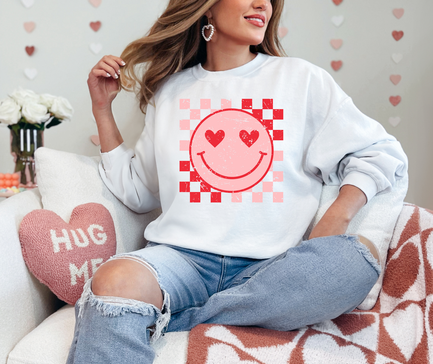 Valentines Smiley Check Sweatshirt